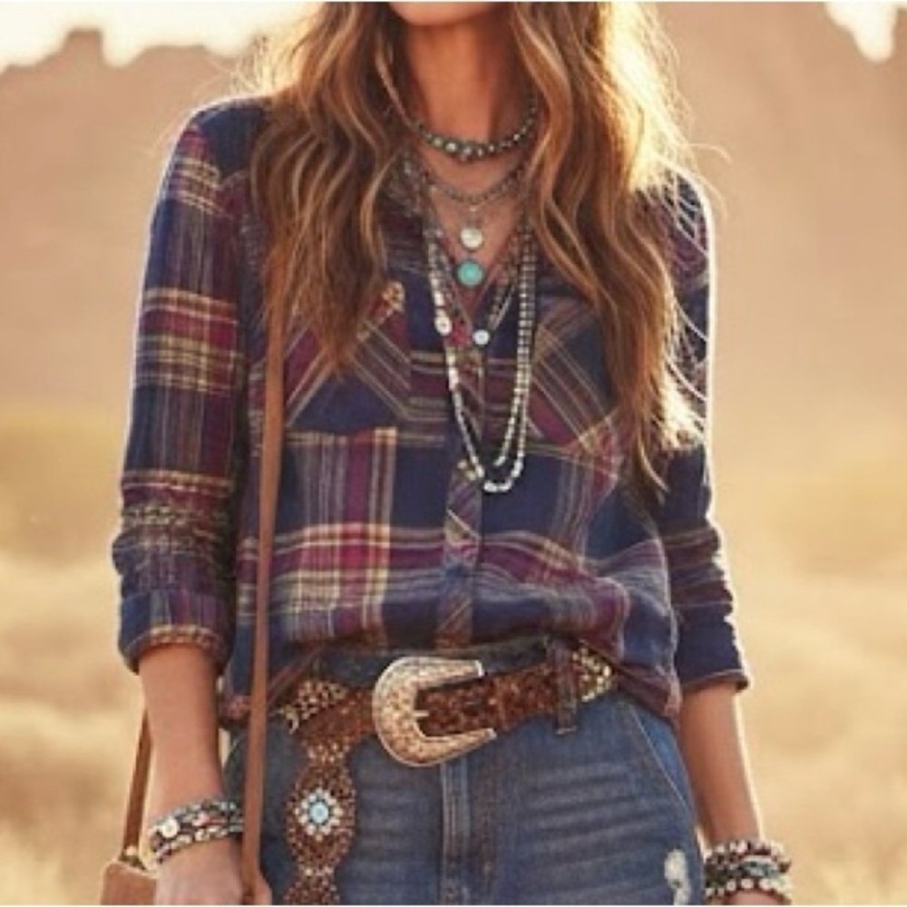 Natural Reflections Plaid Flannel Shirt Top Blue Pink Yellow Southwestern Boho